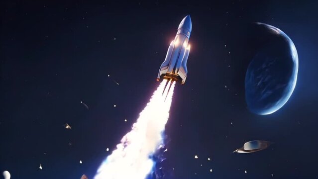 Spacecraft Launch into Space with Planet and Moon in Background