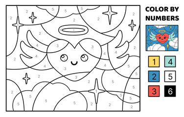 Color by number. Heart is flying on the sky. Coloring page. Game for kids. Cartoon, vector