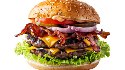 Close-up of a delicious double cheeseburger with bacon, lettuce, tomato, onion, and pickles on a sesame seed bun, isolated on a white background.transparent, png,