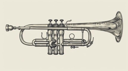 Obraz premium Side view of a jazz trumpet, hand-drawn, monochrome, finely detailed, engraved vintage sketch, capturing the elegance of classical jazz instruments