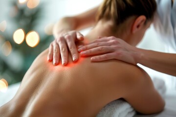Fototapeta premium Relaxation therapy - therapeutic professional massage for body care, featuring a beautiful woman receiving an exquisite back massage from skilled hands at the spa, promoting wellness and tranquility.