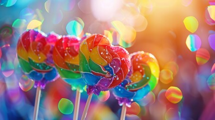 A close-up shot of rainbow-colored lollipops arranged in a heart shape, with LGBTQ+ pride symbols around them. Background features a blurred pride parade with people celebrating. Energetic, bright