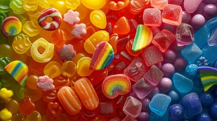 An artistic representation of a rainbow-colored candy assortment with different shapes and sizes, adorned with LGBTQ+ pride decorations. Background is an abstract, colorful depiction of pride symbols