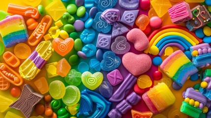An artistic representation of a rainbow-colored candy assortment with different shapes and sizes, adorned with LGBTQ+ pride decorations. Background is an abstract, colorful depiction of pride symbols