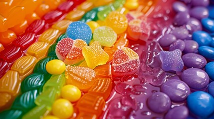 An artistic representation of a rainbow-colored candy assortment with different shapes and sizes, adorned with LGBTQ+ pride decorations. Background is an abstract, colorful depiction of pride symbols