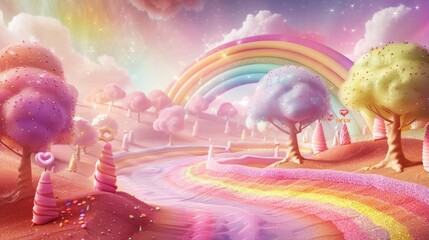A whimsical illustration of a rainbow-colored candyland with LGBTQ+ pride symbols, set against a magical, fairy-tale background. Background includes candy trees, rainbows, and glittering stars.