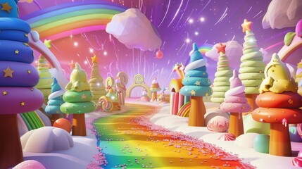 A whimsical illustration of a rainbow-colored candyland with LGBTQ+ pride symbols, set against a magical, fairy-tale background. Background includes candy trees, rainbows, and glittering stars.