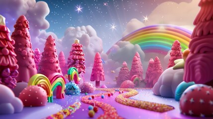 A whimsical illustration of a rainbow-colored candyland with LGBTQ+ pride symbols, set against a magical, fairy-tale background. Background includes candy trees, rainbows, and glittering stars.