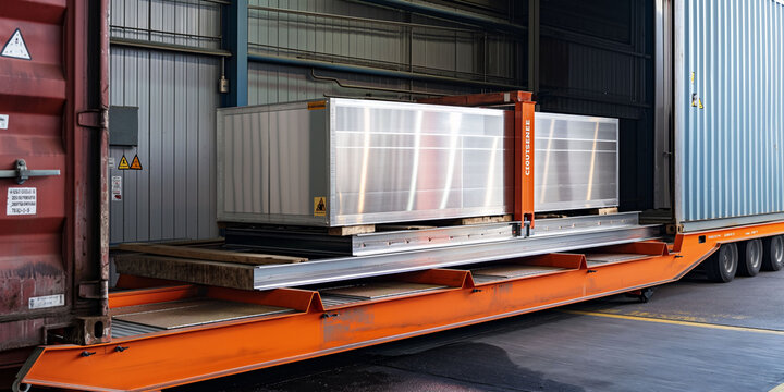 Metallic container are secured on an orange flatbed truck at a loading dock. The scene is set in a warehouse environment, ideal for depicting material handling and industrial logistics.