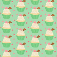 Tasty cupcakes seamless pattern. Vector Sweet food illustration with berry and waffle in flat textured style and pastel colors on pink background. Perfect for wrapping, wallpaper, kids textile