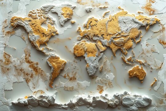 A visually stunning 3D graphic design of a world map, displaying geography and topography with a captivating mix of green, brown, and blue colors.