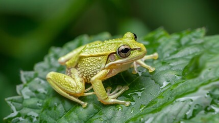 Fototapeta premium Tiny frog on a large leaf, showcasing the contrast in size