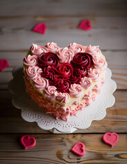 Heart Shaped Valentine s Cake with Pink and Red Rosettes