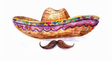 Top-down perspective of a playful Mexican sombrero hat with a quirky cartoon moustache, hand-sketched in watercolors, isolated on a clean white canvas