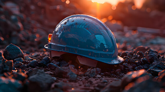 A construction safety helmet, earthwork background. Generative AI.
