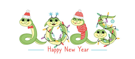Happy new 2025 year with snakes. Snakes in form of numbers 2025. Cartoon, vector