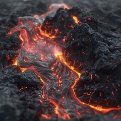 Close up view of lava flowing through a solid rock formation, showing the intense heat and power of the molten lava as it moves through the rocky surface.