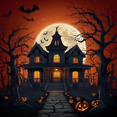 Halloween haunted house and full red moon background . High quality 2d illustration. Generative AI 