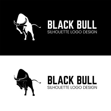 Bull in charging position with his head down and horns logo design in silhouette style