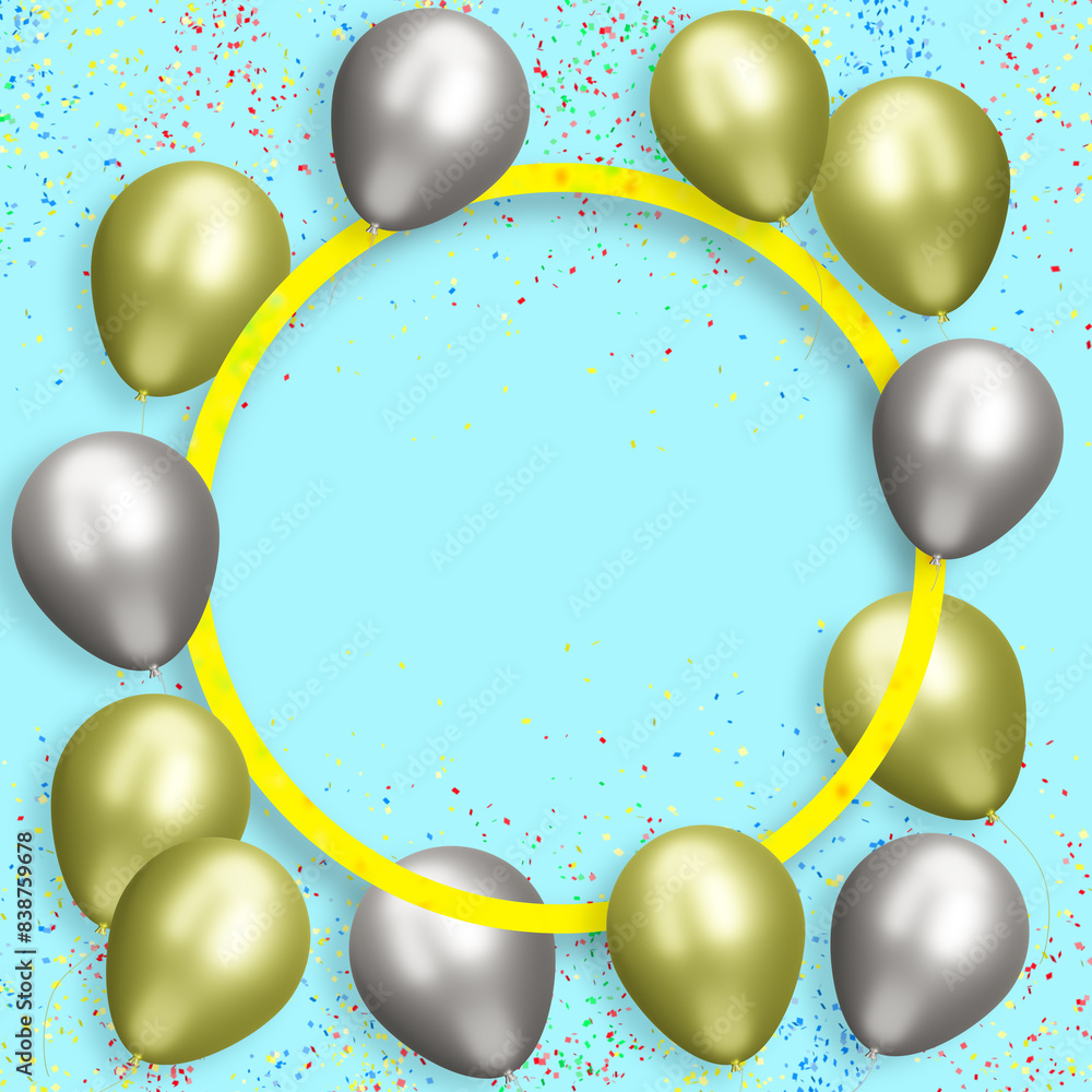 Aufkleber Golden frame with gold and silver balloons on blue background with confetti. Empty space for text. 3d rendering