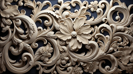 Elegant classic scrollwork design with muted tones, flat texture, and intricate details in high resolution.