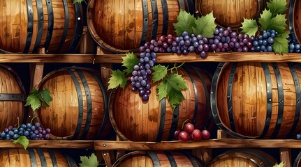 Fototapeta premium Wine barrels in a row are covered with grapes seamless.generative.ai 