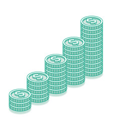 Isometric dollar coins stacks. 3d cash. Outline objects isolated on white background. Icon or symbol. Green color.