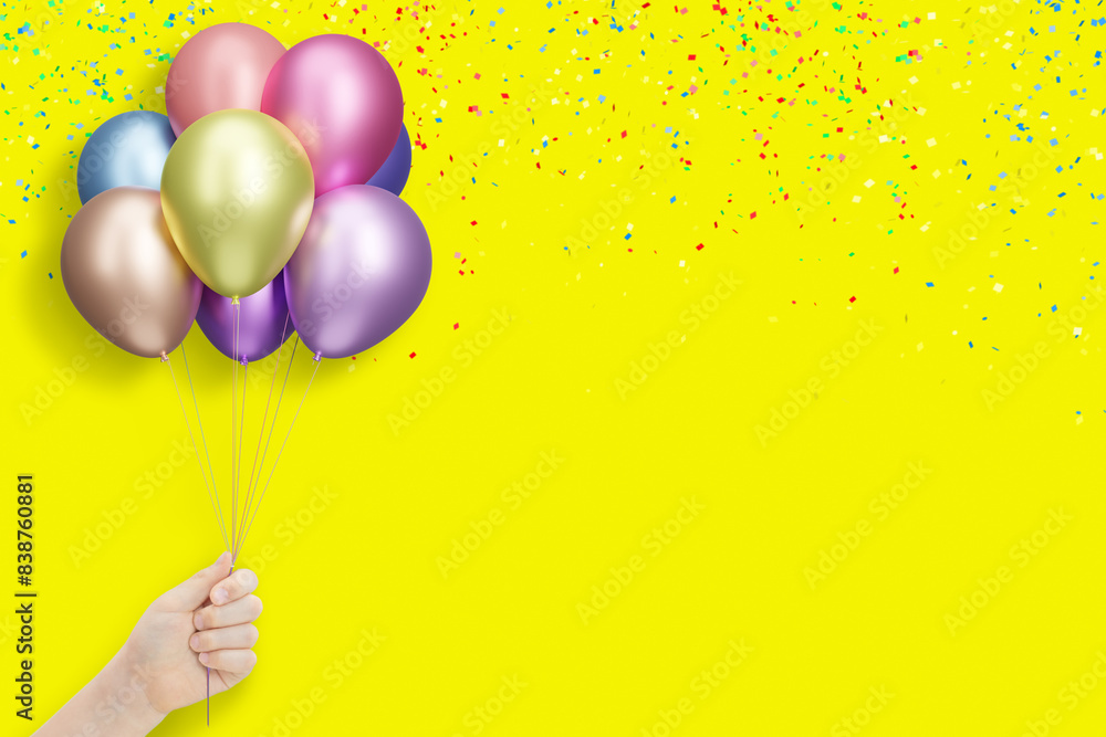 Poster female hand holding bunch of shiny colorful balloons on violet background with confetti. empty space