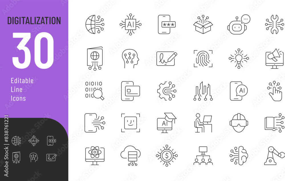 Wall mural digitalization line editable icons set. vector illustration in modern thin line style of technology 