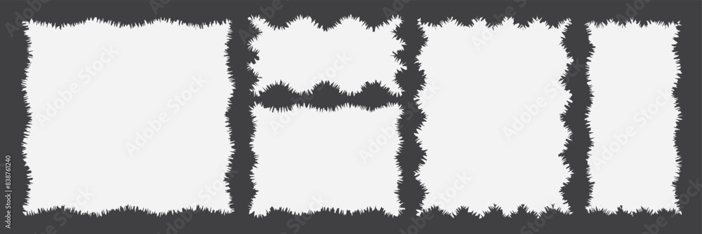 Poster torn paper frames with rough edges vector set. black square shapes with ripped jagged borders on whi