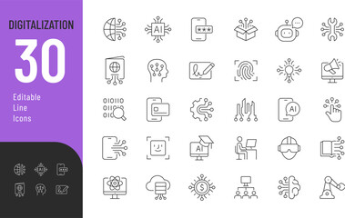 Digitalization Line Editable Icons set. Vector illustration in modern thin line style of technology related icons: digital money, science, robotics, AI, and other. 