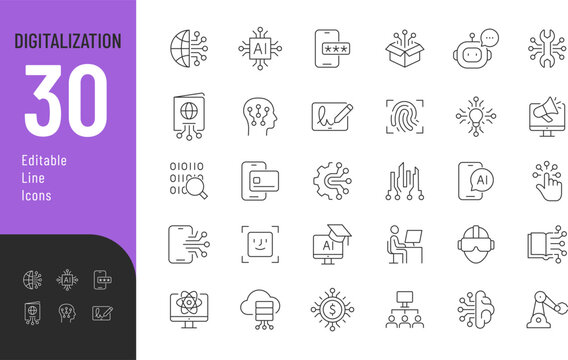 Digitalization Line Editable Icons set. Vector illustration in modern thin line style of technology related icons: digital money, science, robotics, AI, and other. 
