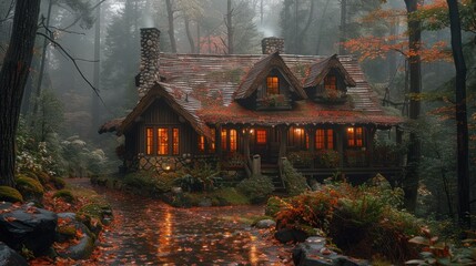 Fototapeta premium A cozy cabin in the woods, the sound of rain on the roof creating a soothing ambiance