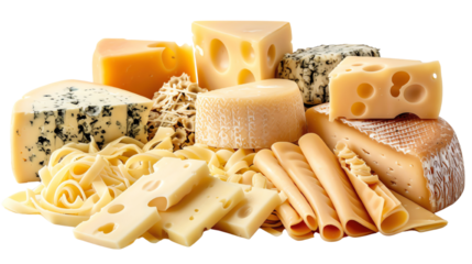 A variety of cheeses, including cheddar, swiss, blue cheese, and brie, arranged on a white background.