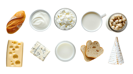 A variety of dairy products, including milk, cheese, yogurt, and bread. Isolated on transparent background.