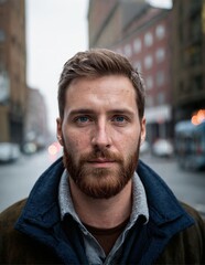 Naklejka premium A man wearing a blue coat and scarf has a beard on his jawline