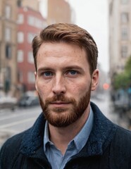Fototapeta premium A man wearing a blue coat and scarf has a beard on his jawline