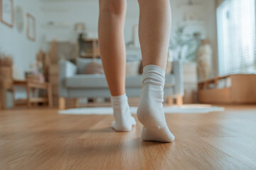 Closeup foot of young woman walking on wooden floor at home