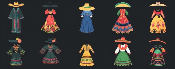 Fototapeta premium Detailed vector icons of Hispanic traditional clothing, including sombreros, ponchos, and folkloric dresses, colorful and culturally rich