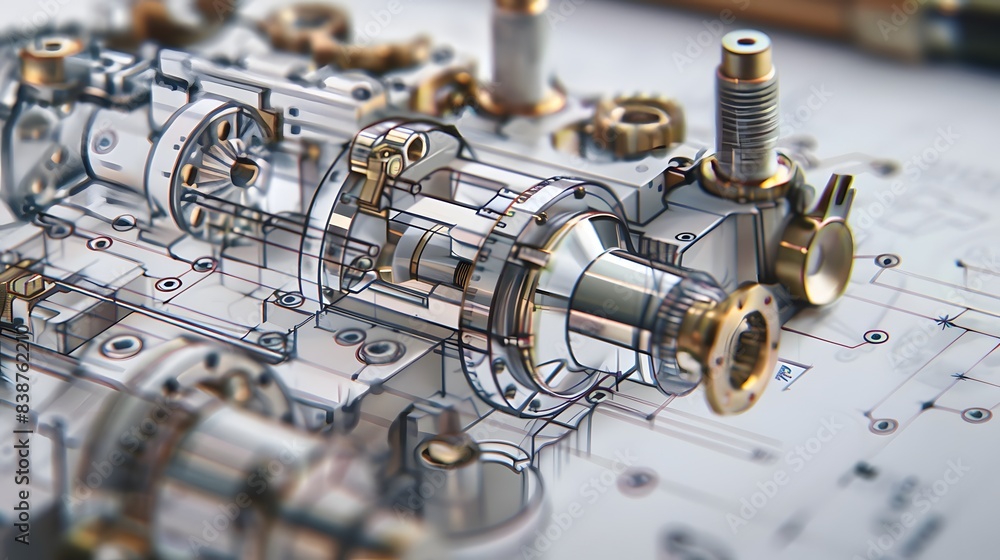 Poster a close-up view of a detailed mechanical component, with annotations and callouts highlighting speci