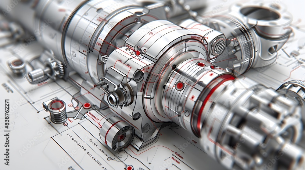 Poster a close-up view of a detailed mechanical component, with annotations and callouts highlighting speci