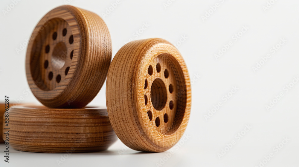 Poster stacked and arranged wooden wheels, showcasing intricate craftsmanship and smooth textures against a
