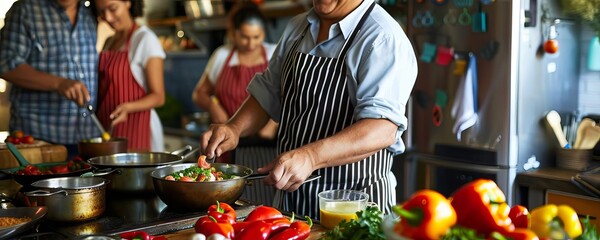 Engaging image of a Hispanic cooking class, with diverse participants learning to make traditional dishes, lively and educational atmosphere