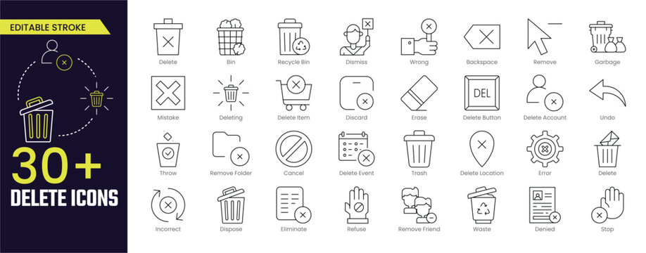 Delete Stroke icon collections. Delete icon set. Containing trash, delete button, cancel, undo, throw and remove icons. Stroke icon collection Editable Outline icon