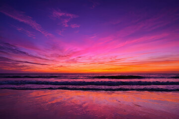 Fototapeta premium A serene sunset beach silhouetted against a sky painted in hues of orange, pink and purple