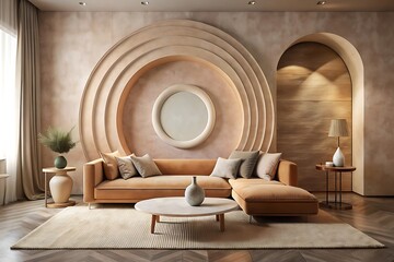 Earth tones wall art and taupe sectional in inviting space