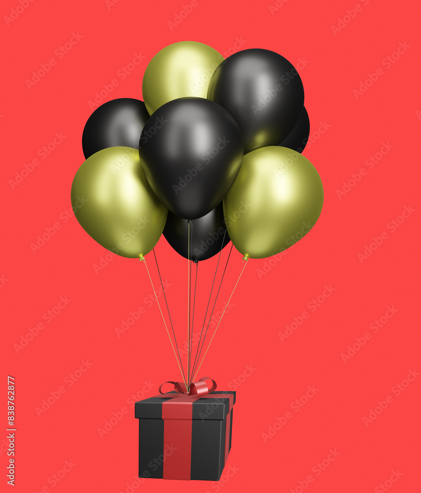 Poster flying black present box with red ribbon bow or gift box with black and golden balloons on red backg
