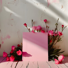 Pink Flowers Cascading Beside a Vertical Pink Poster on a White Background