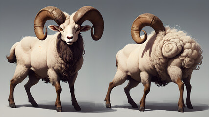 concept art of a ram with long curly horns and strong front legs