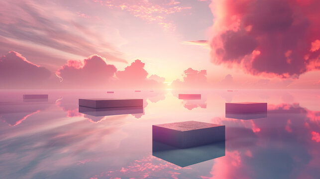 Serene 3D minimal surreal background with levitating platforms and a gradient sky